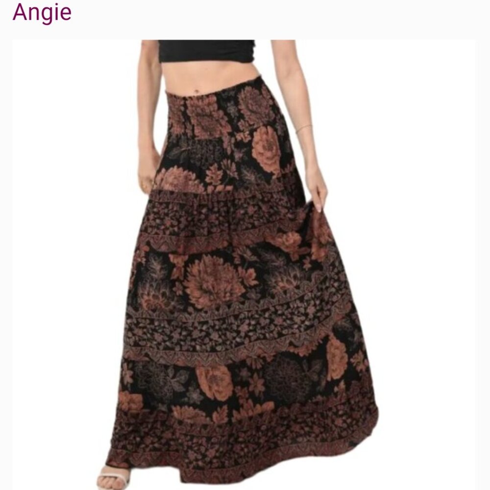 Angie Black & Brown Floral Tiered Maxi Skirt (100% Rayon) large